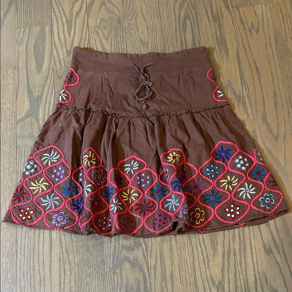 Free People Brown Circle Skirt with Multicolor Embroidery